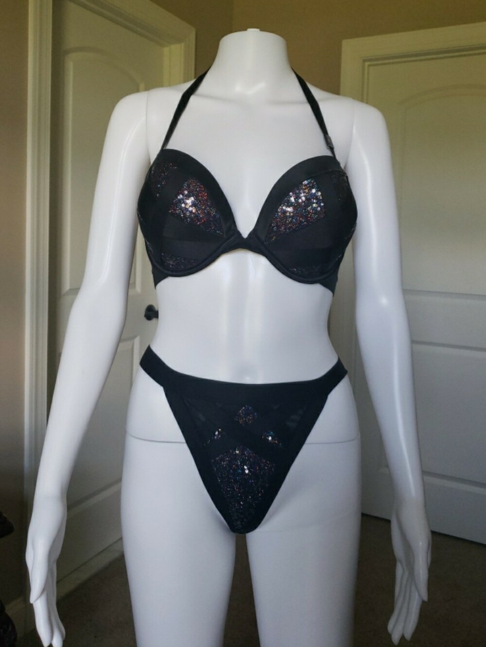 Victoria's Secret Black Sequin Accent Halter Bra & Thong Set 32DD/M